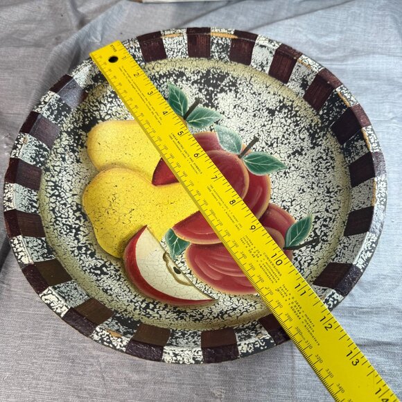Decorative Wooden Bowl Painted Fruit Apple Pear Design Farmhouse Rustic Decor - Picture 9 of 16